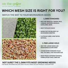Load image into Gallery viewer, Comparison of 1.2mm and 1.7mm hole size silicone microgreen grow mats showing seed compatibility for each variant
