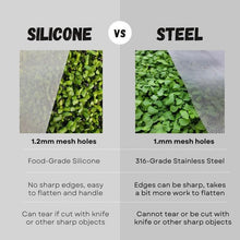 Cargar imagen en el visor de la galería, Silicone vs stainless steel reusable grow medium comparison, 1.2mm vs 1mm mesh holes, material differences for small sprouting trays
