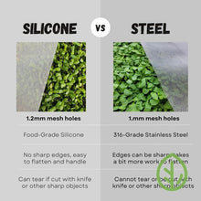 Load image into Gallery viewer, Silicone vs stainless steel reusable microgreen grow medium comparison, 1.2mm vs 1mm mesh holes, food-grade materials side by side
