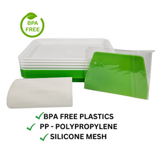 Load image into Gallery viewer, Small sprouting tray kit product shot with BPA-free badge and material callouts: polypropylene trays and food-grade silicone grow medium
