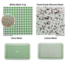 Load image into Gallery viewer, Side-by-side comparison of 3mm white mesh tray and 1.2mm food-grade silicone reusable grow medium with seed size reference
