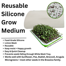 Load image into Gallery viewer, Feature callout graphic for the On The Grow reusable silicone grow medium showing 1.2mm mesh, food-grade silicone, and microgreens growing in tray
