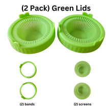 Load image into Gallery viewer, 2-pack green sprouting jar lids shown with included components: two bands and two screens for wide mouth mason jars
