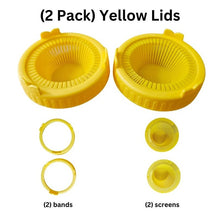 Load image into Gallery viewer, 2-pack yellow sprouting jar lids shown with included components: two bands and two screens for wide mouth mason jars

