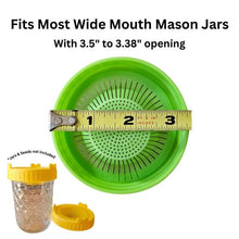 Load image into Gallery viewer, Infographic showing sprouting jar lid fits wide mouth mason jars with 3.5 to 3.38 inch openings, with tape measure for scale
