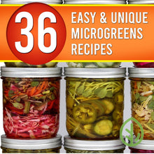 Load image into Gallery viewer, 36 Easy and Unique Microgreens Recipes ebook cover by On The Grow, mason jars filled with colorful pickled vegetables
